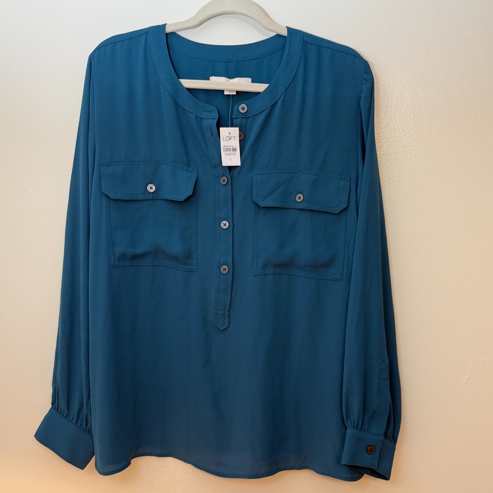 New! LOFT Blouse Women L Teal Blue Henley Button Utility Pocket Roll Tab 516935